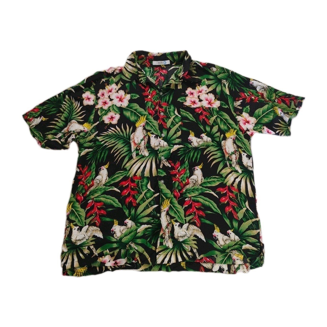 Vintage Studio 35 Mens Large Hawaiian Style Button Up Parrot Shirt Vacation